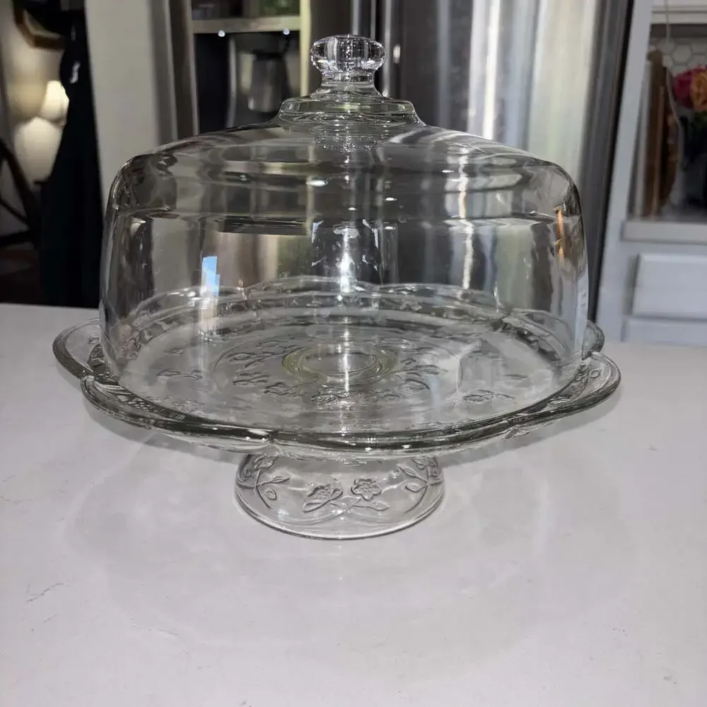 Anchor Hocking Savannah Clear Glass Cake Stand with Dome Lid Floral Scalloped